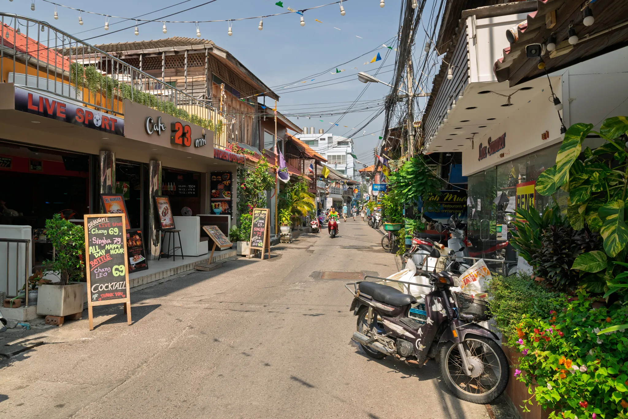 A narrow street in a Thai town lined with shops, cafes, and restaurants on both sides. On the left, a bar called "Cafe 23" displays a chalkboard sign advertising draught beer prices for Chang and Singha, cocktails, and an all-day happy hour. A "Live Sport" sign is visible on the upper left building. Motorcycles and scooters are parked along the right side of the street, where lush tropical plants including a large monstera and colorful flowers add greenery. Overhead, power lines and decorative pennant flags crisscross the sky. A person on a red motorcycle rides down the middle of the street, while pedestrians walk in the distance. The buildings feature a mix of wooden and modern architecture, with Thai script visible on some signage. The scene is bathed in bright daytime sunlight under a hazy sky, evoking a typical quiet afternoon in a tourist-friendly Thai neighborhood.