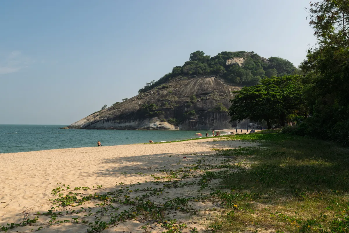 A broad sandy beach with fine, pale sand stretches along a calm, turquoise bay. In the background, a striking cliff drops steeply, its grey rock surface topped with dense tropical green vegetation. On the right, large leafy trees cast shade over the beach. Low, creeping green plants with rounded leaves spread across the sand. A few beachgoers are visible at the water and on the shore, including one person in the sea and several more under a colourful parasol near the rock wall. The sky is clear and slightly hazy with soft blue. The scene conveys a quiet, tropical atmosphere along an unspoiled stretch of coast.