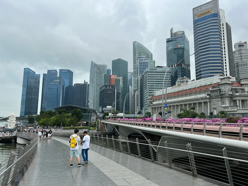 A waterfront promenade curves alongside the bay, where people walk near steel railings and wet pavement under an overcast sky. A white Merlion statue stands in the distance on the left, facing the water. Across the bay rises a dense cluster of tall modern skyscrapers with glass facades, while a large historic-style building with a red roof sits prominently on the right next to a bridge lined with bright pink flowers. The overall scene blends contemporary architecture, greenery, and pedestrian activity in a busy urban setting.