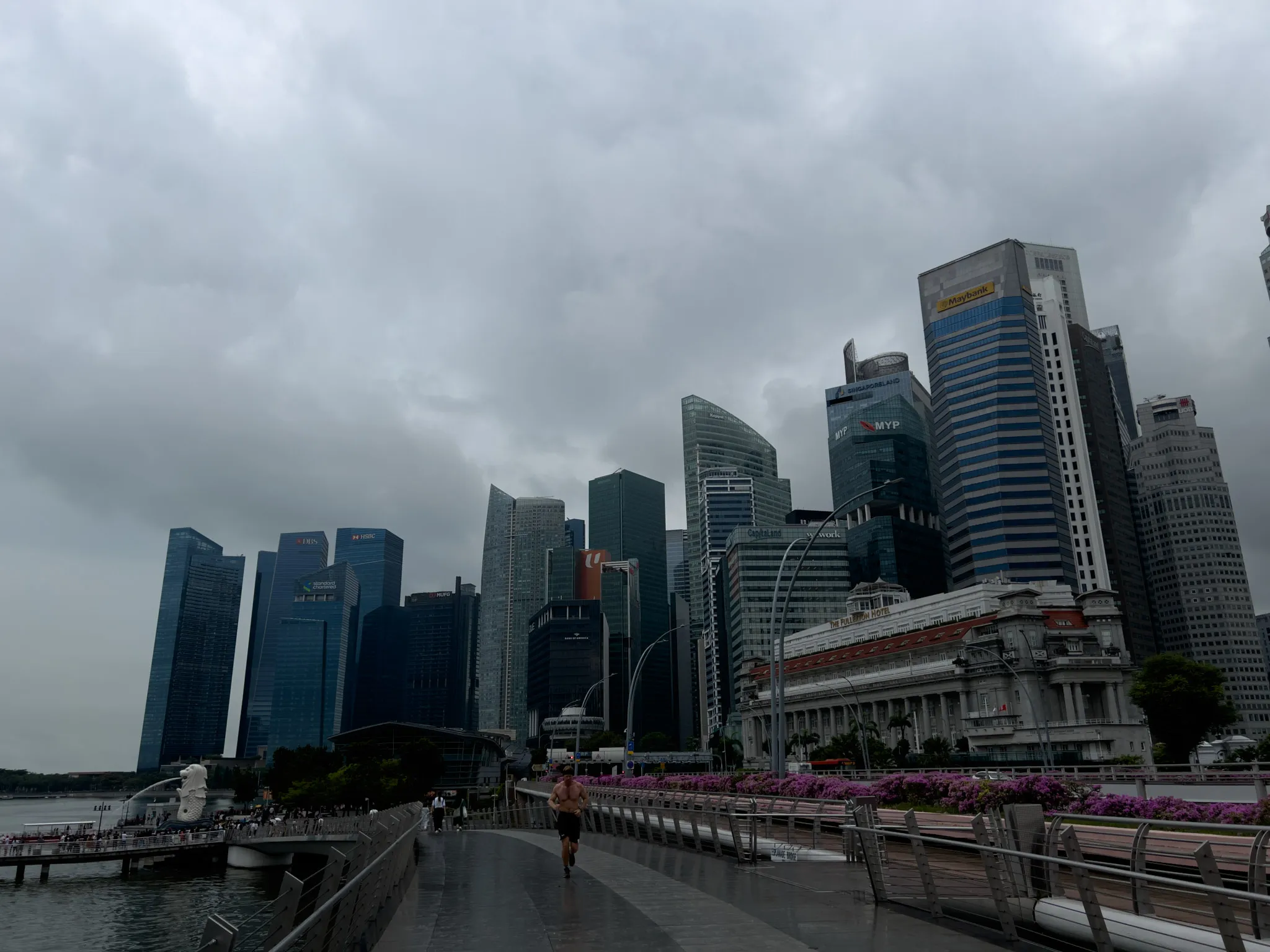 A waterfront promenade lined with pink flowers curves toward a cluster of tall, modern skyscrapers under a heavily overcast sky. A person jogs along the wet walkway, and the water to the left reflects the dark tones of the stormy weather. A distinctive white statue stands near the shoreline, while an older, classical-style building sits among the dense high‑rise structures on the right, creating a contrast between architectural styles.