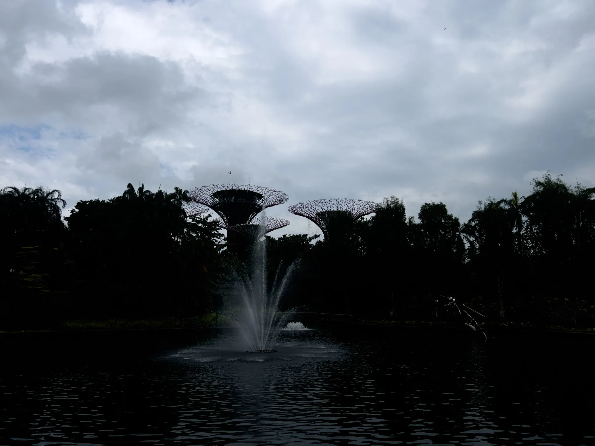 A dark, reflective pond sits in the foreground with a fountain spraying water upward from its center. Behind the pond, dense vegetation forms a shadowed tree line. Rising above the trees are tall, sculptural tower-like structures with open lattice tops. The sky is filled with thick, overcast clouds, creating a dramatic contrast against the silhouetted landscape.