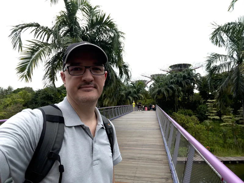 A person wearing glasses, a dark cap, and a light gray collared shirt with a backpack stands on a wooden pedestrian bridge surrounded by dense tropical vegetation. Tall palm trees frame the walkway, and several people can be seen in the distance near the far end of the bridge. The sky is overcast, creating soft lighting over the lush greenery.