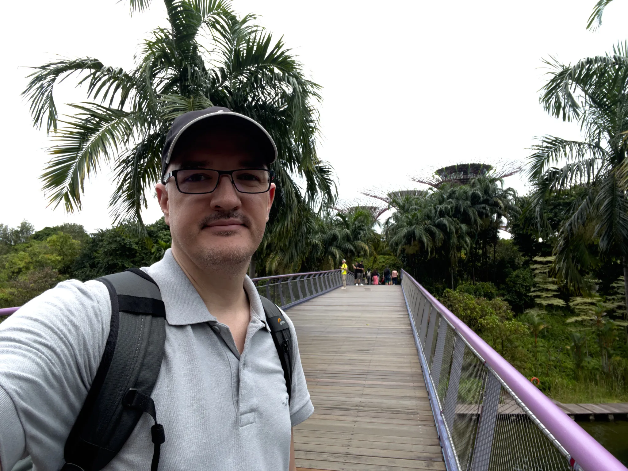 A person wearing glasses, a dark cap, and a light gray collared shirt with a backpack stands on a wooden pedestrian bridge surrounded by dense tropical vegetation. Tall palm trees frame the walkway, and several people can be seen in the distance near the far end of the bridge. The sky is overcast, creating soft lighting over the lush greenery.