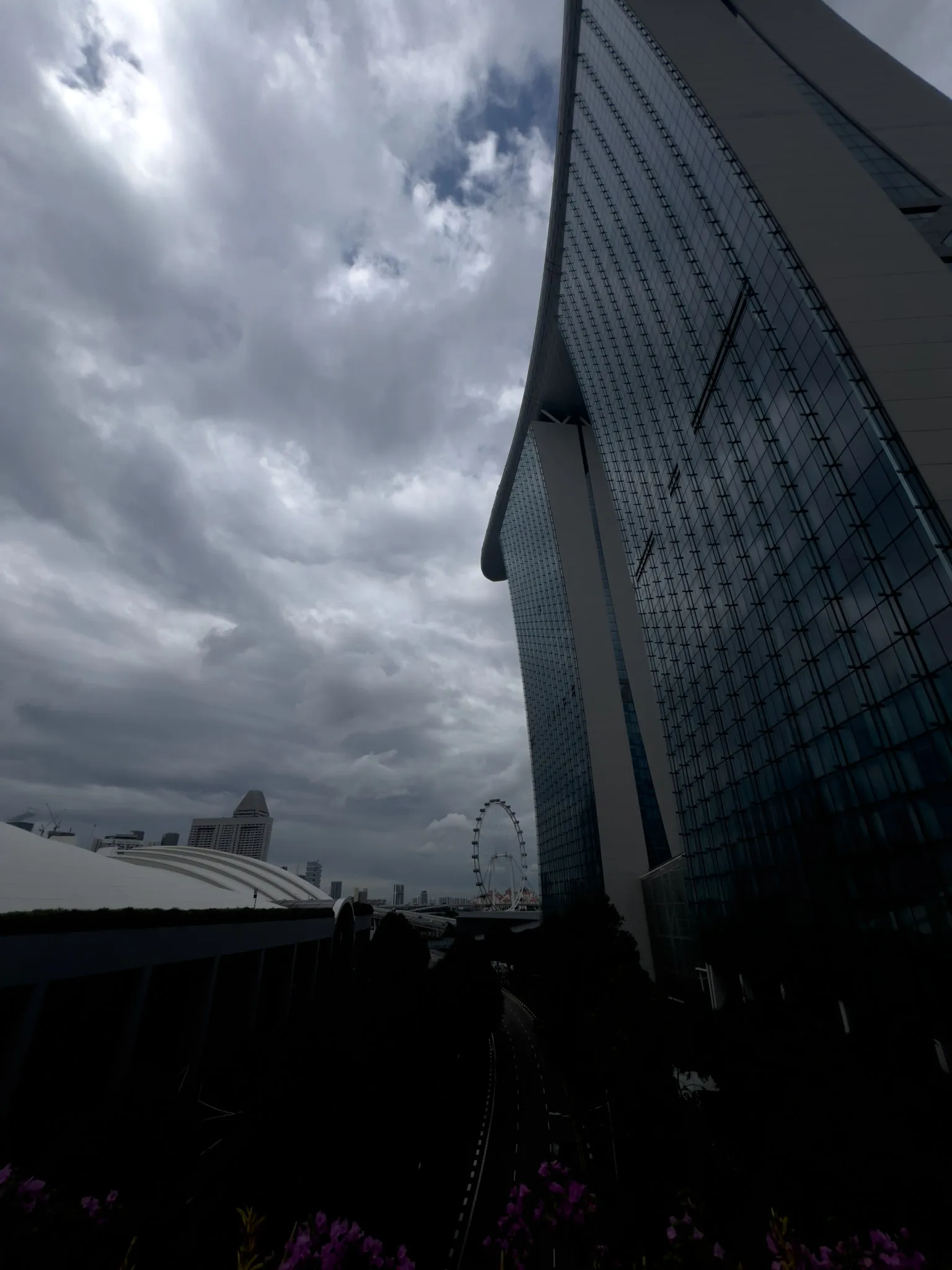 Tall, curved glass-clad skyscraper rising sharply on the right side under a thick layer of dark, dramatic clouds. A domed white structure and additional modern buildings stretch across the left side. In the distance, a large Ferris wheel stands prominently against the overcast sky. A road lined with trees runs below, while small purple flowers appear at the bottom edge of the scene.