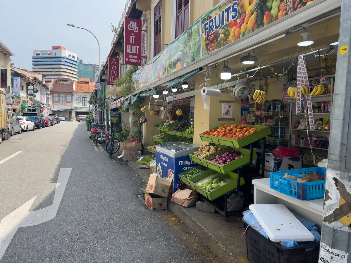 In Little India, Rochor, Central Region, Singapore, a lively street stretches out, lined with colourful shops. On the right side, several fruit and vegetable stalls offer a rich range of fresh produce, including apples, pears and bananas. The brightly lit displays draw in passers-by. In the background rise multi-storey buildings with distinctive Asian architectural details. The street is busy with cars and bicycles parked along the roadway. The atmosphere is cheerful and bustling.