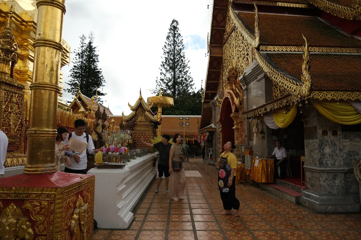 Visitors in an ornately decorated Buddhist temple complex, likely Wat Phra That Doi Suthep in Chiang Mai, Thailand. Golden columns, elaborately carved gables with Naga decorations, and a golden chedi dominate the left side. Several people stand on the tiled walkway: on the left, a man in a white T-shirt with a backpack reads an information sheet beside a woman. In the center, a man in dark clothing and a woman in beige trousers walk by. On the right, a person in a yellow top and black pants gazes in wonder up at the richly gilded roof structure. Along the white balustrade on the left, offerings, flowers, and small metal vessels are lined up. In the background, tall conifers rise into the cloudy sky, and additional golden temple buildings in typical Northern Thai Lanna architecture are visible. On the right, a building is draped in golden and yellow fabrics, with another person standing at a table nearby.