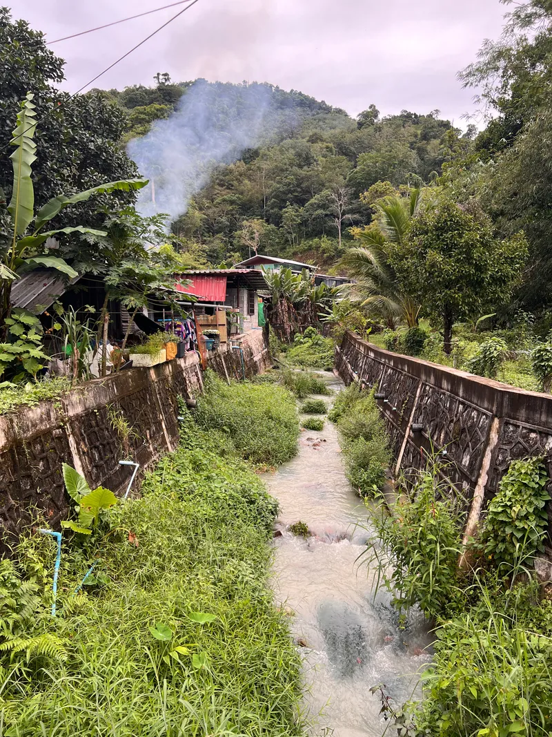 A narrow, pale‑blue creek flows between two weathered concrete embankments, bordered by dense green grass and tropical plants. Small houses with metal roofs stand on the left side, partially hidden among banana trees and other foliage. Light smoke rises from behind the houses and drifts upward toward the overcast sky. In the background, a forested hillside covered in thick vegetation rises above the settlement, adding a sense of seclusion and calm to the rural scene.